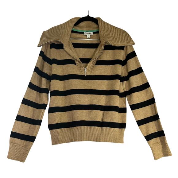 On 34th Tan & Black Stripe Quarter Zip Turtle Neck Sweater Reg Size M - Picture 1 of 6